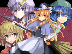 Rule 34 | 4girls, :d, ;), alice margatroid, blonde hair, blue eyes, blunt bangs, broom, crescent, crescent hat ornament, female focus, flat cap, green eyes, hair bobbles, hair ornament, hat, hat ornament, kawashiro nitori, kirisame marisa, long hair, looking at viewer, mob cap, multiple girls, one eye closed, open mouth, patchouli knowledge, purple eyes, purple hair, smile, touhou, twintails, two side up, witch hat, yoshida (rodeo)