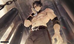 Rule 34 | 1boy, abs, bandaged arm, bandaged neck, bandages, belt, biceps, black hair, chain, denim, genshin impact, highres, holding, holding towel, jeans, looking at viewer, looking down, muscular, muscular male, pants, pectorals, punching bag, qxq illus, sweatdrop, topless male, towel, wiping face, wriothesley (genshin impact), yellow eyes