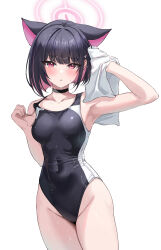 Rule 34 | 1girl, absurdres, animal ears, armpits, black choker, black hair, black one-piece swimsuit, blue archive, blush, breasts, choker, collarbone, commentary, competition swimsuit, covered navel, extra ears, halo, highres, holding, holding towel, kazusa (blue archive), kurokin, looking at viewer, medium breasts, one-piece swimsuit, short hair, simple background, solo, swimsuit, towel, wet, wet hair, white background