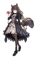 Rule 34 | 1girl, animal ears, apple, black bow, black footwear, blue dress, bow, chain, choker, dress, food, fruit, headgear, highres, holding, holding food, holding fruit, original, parted lips, red eyes, senano-yu, simple background, snow white, solo, standing, striped clothes, striped thighhighs, tail, thighhighs, white background
