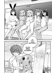 Rule 34 | 1boy, 5girls, ahoge, animal ear fluff, animal ears, blunt bangs, blush, bob ross, book, bookshelf, breasts, cat ears, classroom, closed mouth, collarbone, collared shirt, comic, couch, curvy, dark-skinned female, dark skin, easel, embarrassed, english text, fake animal ears, frown, gamou maki, geewhy, glasses, hachiouji naoto, hair ornament, hairclip, harem, highres, huge breasts, ijiranaide nagatoro-san, indoors, large breasts, long hair, looking at viewer, medium breasts, medium hair, monochrome, multiple girls, nagatoro hayase, navel, nervous, nervous smile, nipples, nude, open mouth, paint, paintbrush, painting (object), palette (object), parody, pregnant, pubic hair, rabbit ears, sakura (nagatoro), shirt, short hair, sidelocks, sitting, small breasts, smile, speech bubble, standing, sunomiya sana, sweatdrop, take your pick, tan, tanline, thick thighs, thighs, twintails, wavy mouth, wide hips, yoshi (nagatoro)