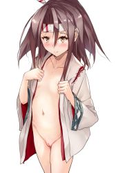 Rule 34 | 10s, 1girl, blush, breasts, brown eyes, brown hair, headband, kantai collection, kuzu (miduhana), looking at viewer, navel, open clothes, pussy, short hair, simple background, small breasts, smile, solo, standing, uncensored, white background, zuihou (kancolle)