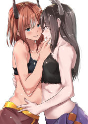 Rule 34 | 2girls, arm around waist, bare shoulders, belly-to-belly, black bra, black hair, blue eyes, blush, bra, breasts, brown hair, collarbone, dark-skinned female, dark skin, eye contact, face-to-face, fur, hand in pants, hand on another&#039;s chin, horns, hug, long hair, looking at another, midriff, multiple girls, no shirt, open mouth, original, parted lips, pink eyes, purple eyes, ribs, short hair, simple background, small breasts, smile, strapless, tai (nazutai), tan, tube top, underwear, upper body, white background, yuri