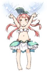 Rule 34 | 10s, 1girl, aged down, arms up, bad id, bad twitter id, bare arms, bare legs, barefoot, blush stickers, child, commentary, energy ball, full body, granblue fantasy, half-closed eyes, ham (points), inactive account, leaf, leaf on head, long hair, looking up, miniskirt, monster girl, navel, orange eyes, pink hair, plant girl, pointy ears, simple background, skirt, solo, standing, strapless, triangle mouth, white background, white skirt, yggdrasill (granblue fantasy)