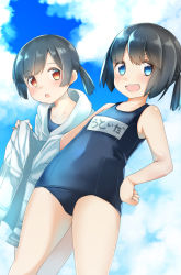 Rule 34 | 2girls, :d, :o, bare arms, bare shoulders, black hair, blue eyes, blue one-piece swimsuit, blue sky, blush, breasts, cloud, cloudy sky, collarbone, comah, commentary request, daitou (kancolle), day, hair between eyes, hand on own hip, hiburi (kancolle), highres, jacket, kantai collection, looking at viewer, multiple girls, name tag, one-piece swimsuit, open mouth, outdoors, red eyes, school swimsuit, short twintails, sky, small breasts, smile, swimsuit, teeth, twintails, upper teeth only, white jacket
