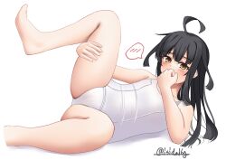 Rule 34 | 1girl, ahoge, barefoot, black hair, blush, commentary request, covered navel, embarrassed, flat chest, hair between eyes, ishida arata, kantai collection, long hair, looking at viewer, lying, mikazuki (kancolle), old school swimsuit, one-piece swimsuit, school swimsuit, solo, swimsuit, twitter username, white background, white one-piece swimsuit