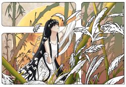 Rule 34 | 1girl, arm up, bamboo, bare shoulders, black eyes, black hair, breasts, commentary request, dress, full moon, guoqu zhi hua, head wreath, long hair, looking up, moon, original, partially colored, plant, sidelocks, sleeveless, sleeveless dress, small breasts, straight hair, very long hair, white dress