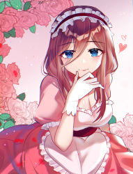 Rule 34 | 1girl, :p, akitsuki (oenothera), alternate costume, apron, blue eyes, blush, breasts, brown hair, cleavage, commentary request, cowboy shot, dress, enmaided, finger to own chin, floral background, flower, frilled apron, frilled sleeves, frills, gloves, go-toubun no hanayome, hair between eyes, heart, heart apron, highres, large breasts, long hair, looking at viewer, maid, maid apron, maid headdress, nakano miku, pink dress, pink flower, pink rose, puffy short sleeves, puffy sleeves, rose, sash, shadow, short sleeves, smile, solo, tongue, tongue out, valentine, white gloves