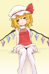 Rule 34 | 1girl, blonde hair, blush, bow, bow legwear, closed mouth, commentary request, crystal, dated, dress, flandre scarlet, flat chest, full body, fur-trimmed dress, fur trim, half-closed eyes, hat, hat ribbon, highres, kei jiei, looking at viewer, medium hair, mob cap, one-hour drawing challenge, red bow, red dress, red eyes, red ribbon, ribbon, short dress, sleeveless, sleeveless dress, smile, solo, standing, thighhighs, touhou, white hat, white thighhighs, wings, yellow background