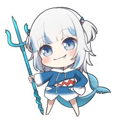 Rule 34 | 1girl, barefoot, blue eyes, blue hair, blue hoodie, blunt bangs, blush, chibi, closed mouth, drawstring, fang, fang out, fins, fish tail, full body, gawr gura, gawr gura (1st costume), hair ornament, hand on own hip, highres, holding, holding polearm, holding weapon, hololive, hololive english, hood, hood down, hoodie, long hair, long sleeves, looking at viewer, moja (mojya 777), multicolored hair, polearm, shark tail, simple background, sleeves past fingers, sleeves past wrists, smile, solo, standing, streaked hair, tail, trident, two side up, virtual youtuber, weapon, white background, white hair