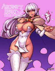 Rule 34 | 1girl, arcana heart, breasts, cape, cleavage, crystal, dark-skinned female, dark skin, highres, hip focus, junkpuyo, large breasts, long hair, looking at viewer, parace l&#039;sia, pink background, pink eyes, pointy ears, purple hair, revealing clothes, signature, simple background, smile, solo, thighhighs, thighs, white thighhighs, wide hips