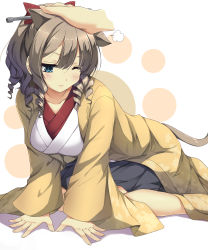 Rule 34 | 10s, 1girl, 3;&lt;, absurdres, all fours, animal ears, blue eyes, blush, bow, breasts, brown hair, cat ears, cat tail, drill hair, full body, fume, hair between eyes, hair bow, hatakaze (kancolle), high ponytail, highres, japanese clothes, kantai collection, kemonomimi mode, kimono, large breasts, one eye closed, headpat, red bow, sheita, short ponytail, solo focus, tail, v-shaped eyebrows