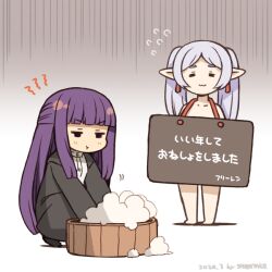 Rule 34 | 2girls, :3, chibi, closed eyes, commentary request, covering privates, elf, fern (sousou no frieren), frieren, full body, grey hair, long hair, multiple girls, nude, nude cover, pointy ears, pout, purple hair, shigatake, sousou no frieren, translation request, twintails, washing clothes