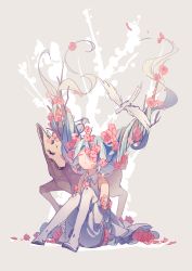 Rule 34 | 1girl, antlers, aqua hair, bare shoulders, bird, boots, cherry blossoms, closed eyes, commentary, deer, detached sleeves, dress, entangled, floating hair, flower, flower over eye, hatsune miku, highres, horns, hugging own legs, knees up, long hair, necktie, one eye covered, pink flower, simple background, sitting, solo, sourxuan, thigh boots, thighhighs, very long hair, vocaloid