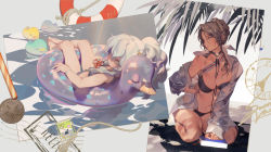Rule 34 | 2girls, alternate costume, alternate hairstyle, bandages, between breasts, bikini, black bikini, blue bikini, blue eyes, blush, book, bookmark, bracelet, breast press, breasts, choker, closed mouth, coin, collared shirt, cup, drinking, drinking straw, eyewear on head, floatation devices, floating, frilled bikini, frills, girls&#039; frontline, hair between eyes, hair over shoulder, half-closed eyes, hand on own hip, holding, holding cup, innertube, intravenous drip, jewelry, large breasts, lee-enfield (girls&#039; frontline), lifebuoy, long hair, long sleeves, looking at viewer, looking away, looking back, medal, multiple girls, navel, necklace, off shoulder, open clothes, open shirt, palm tree, ponytail, postage stamp, postcard, reclining, rei (sanbonzakura), ribeyrolles (girls&#039; frontline), rope, rubber duck, sash, see-through, seiza, shirt, sidelocks, sitting, small breasts, stomach, sunglasses, swim ring, swimsuit, tan, thighs, tree, very long hair, water, water drop, wavy hair, wet, wet clothes, wet shirt, white hair, white shirt