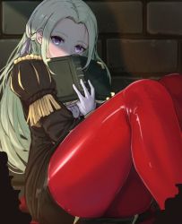 Rule 34 | 1girl, against wall, artist name, bad id, bad pixiv id, black dress, blonde hair, blush, book, brick wall, commentary request, covering own mouth, dress, edelgard von hresvelg, feet out of frame, fire emblem, fire emblem: three houses, forehead, fringe trim, gloves, highres, holding, holding book, ippers, knees up, legs together, long hair, long sleeves, looking at viewer, military, military uniform, nintendo, open book, pantyhose, purple eyes, red pantyhose, signature, sitting, solo, thighs, uniform, white gloves