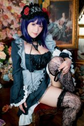 Rule 34 | 1girl, breasts, cosplay, female focus, headband, highres, japanese (nationality), large breasts, looking at viewer, model, photo (medium), purple hair, real life, shibuya kaho, sitting, solo, sono bisque doll wa koi wo suru, thighhighs, wig