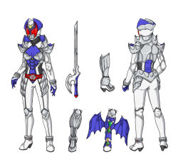 Rule 34 | 1girl, armor, armored boots, belt, boots, breastplate, breasts, character sheet, commentary, english commentary, full armor, full body, gauntlets, helmet, highres, kamen rider, kamen rider dcd, kamen rider kivala, medium breasts, multiple views, pauldrons, red eyes, shoulder armor, solo focus, tagme, weapon, white armor, white background, yuuyatails