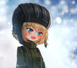Rule 34 | 10s, 1girl, :d, bad id, bad pixiv id, baocaizi, blonde hair, blue eyes, blush, commentary request, fang, girls und panzer, green jacket, hair between eyes, head tilt, helmet, highres, jacket, katyusha (girls und panzer), long hair, looking at viewer, military jacket, open mouth, outdoors, pravda military uniform, smile, snowing, solo, tank helmet, v-shaped eyebrows