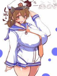 Rule 34 | &gt; &lt;, 10s, 3girls, :3, = =, aged up, ahoge, alternate breast size, animal ears, arms up, bare legs, boom microphone, breasts, brown eyes, brown hair, closed eyes, commentary request, cowboy shot, dress, enemy aircraft (kancolle), hand to own mouth, headgear, headset, horns, huge breasts, kantai collection, multiple girls, necktie, northern ocean princess, open mouth, rabbit ears, sailor dress, sako (bosscoffee), salute, shimakaze (kancolle), short hair, sitting, sitting on head, sitting on person, sketch, smile, tan yang (kancolle), tareme, translation request, upper body, x3, yukikaze (kancolle)