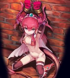 Rule 34 | 1girl, armor, armpits, bikini armor, black gloves, black thighhighs, brick wall, closed mouth, cuffs, elbow gloves, elizabeth bathory (brave) (fate), elizabeth bathory (fate), fate/grand order, fate (series), flat chest, gloves, hair between eyes, highres, horns, kneeling, long hair, looking at viewer, navel, pauldrons, red armor, shackles, shoulder armor, silhouette, solo, sue (bg-bros), tail, tears, thighhighs, two side up