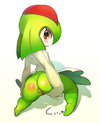 Rule 34 | 1girl, anus, ass, blush, breasts, censored, colored sclera, colored skin, creatures (company), flat chest, furry, game freak, gen 3 pokemon, green hair, green skin, kirlia, kneeling, multicolored skin, muraachi, nintendo, nipples, personification, pokemon, pokemon (creature), pussy, pussy juice, short hair, small breasts, solo, spanked, two-tone skin, white skin, yellow sclera