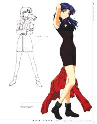 Rule 34 | 1girl, absurdres, artbook, bare legs, black dress, breasts, dress, earrings, fukano youichi, hand in own hair, highres, holding, holding clothes, holding jacket, jacket, jewelry, katsuragi misato, logo, long hair, medium breasts, monochrome, neon genesis evangelion, official art, pendant, purple hair, red jacket, scan, smile, solo, standing, thighs, translation request, wide hips