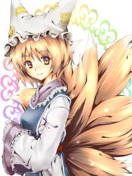 Rule 34 | 1girl, blonde hair, chaigidhiell, dress, face, female focus, fox tail, gradient eyes, hat, multicolored eyes, multiple tails, purple eyes, short hair, smile, solo, tail, touhou, wide sleeves, yakumo ran, yellow eyes