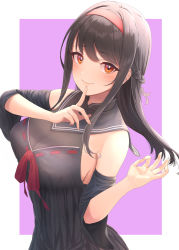 Rule 34 | 1girl, absurdres, bad id, bad twitter id, bare shoulders, black dress, black hair, blush, border, braid, breasts, brown eyes, character request, cleavage, closed mouth, commentary request, copyright request, detached sleeves, dress, finger to mouth, hairband, highres, index finger raised, kijou aru, kuyukian3, large breasts, long hair, looking at viewer, ok sign, purple background, red hairband, red ribbon, ribbon, ribbon-trimmed clothes, ribbon trim, see-through, sidelocks, simple background, smile, solo, swept bangs, unreal night girls, upper body, virtual youtuber, white border