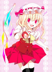 Rule 34 | 1girl, bad id, bad pixiv id, blonde hair, fang, female focus, flandre scarlet, food, fruit, hat, one side up, oouso, open mouth, red eyes, side ponytail, solo, strawberry, embodiment of scarlet devil, thighhighs, touhou, wings, zettai ryouiki