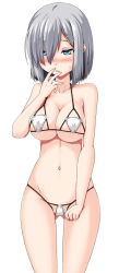 Rule 34 | 10s, 1girl, bare shoulders, bikini, blue eyes, blush, breasts, collarbone, crotch, grey hair, hair ornament, hair over one eye, hairclip, hamakaze (kancolle), kantai collection, kokorono arika, large breasts, navel, open mouth, simple background, solo, sweatdrop, swimsuit, white background