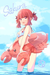 Rule 34 | 1girl, :d, bare arms, bare shoulders, bikini, blue sky, blunt bangs, breasts, cancer (symbol), cancer (zodiac), character request, cloud, commentary request, day, innertube, koisuru asteroid, looking at viewer, medium breasts, open mouth, outdoors, quro (black river), red eyes, red hair, short hair, side-tie bikini bottom, sky, smile, solo, swim ring, swimsuit, two side up, wading, water, white bikini, zodiac