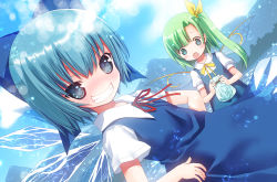 Rule 34 | 2girls, bad id, bad pixiv id, blue eyes, blue hair, blush, bow, cirno, daiyousei, dress, fairy wings, fever, green eyes, green hair, grin, hair bow, hair ribbon, ice, ice wings, kiira, long hair, looking at viewer, multiple girls, open mouth, ribbon, short hair, short sleeves, side ponytail, smile, touhou, wings