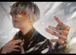 Rule 34 | 1boy, black hair, black shirt, collared shirt, commentary request, grey necktie, hair between eyes, hands up, heterochromia, highres, kyuuba melo, letterboxed, long sleeves, looking at viewer, male focus, multicolored hair, necktie, parted lips, red eyes, sasaki haise, shirt, short hair, solo, tokyo ghoul, tokyo ghoul:re