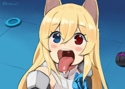 Rule 34 | 1girl, :d, animal ears, artificial eye, bishoujo senshi sailor moon, bishoujo senshi sailor moon s, blonde hair, blue background, blue eyes, blush stickers, commentary, derivative work, dog ears, english commentary, g41 (girls&#039; frontline), girls&#039; frontline, hair between eyes, heterochromia, kion-kun, looking at viewer, mechanical eye, meme, open mouth, red eyes, round teeth, sailor moon redraw challenge (meme), saliva, screenshot redraw, smile, solo, teeth, tongue, tongue out, twitter username, upper teeth only, uvula