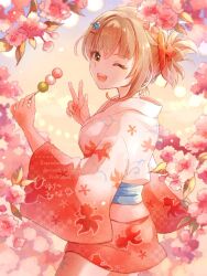 1girl ;d alternate_costume blonde_hair blue_sash commentary_request dango fish_hair_ornament flower food from_side genshin_impact hair_ornament hands_up highres hina_pleiades holding holding_food japanese_clothes kimono looking_at_viewer looking_to_the_side multicolored_clothes multicolored_kimono obi one_eye_closed open_mouth pink_flower red_kimono sanshoku_dango sash short_hair_with_long_locks smile solo teeth upper_teeth_only w wagashi white_kimono yellow_eyes yoimiya_(genshin_impact)