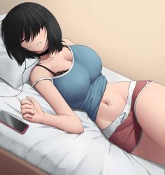 Rule 34 | 1girl, bare shoulders, bed, bed sheet, black bra, black choker, black hair, blue tank top, bra, bra peek, bra strap, breasts, cable, choker, cleavage, closed eyes, collarbone, feet out of frame, hair over one eye, headphones, highres, large breasts, midriff, navel, open mouth, original, parted lips, phone, pillow, red shorts, rev60, short hair, short shorts, shorts, simple background, sleeping, sleeveless, solo, tank top, teeth, thighs, underwear, wall, wire
