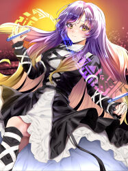 Rule 34 | 1girl, absurdres, black dress, black ribbon, black socks, blonde hair, closed mouth, commentary request, cross-laced clothes, dress, frilled dress, frills, gradient hair, happy, highres, hijiri byakuren, juliet sleeves, layered dress, light brown hair, long hair, long sleeves, multicolored hair, nyarocks, puffy sleeves, purple hair, ribbon, smile, socks, solo, sorcerer&#039;s sutra scroll, touhou, turtleneck, upper body, very long hair, white dress, white ribbon