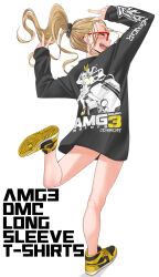 Rule 34 | 1girl, air jordan, air jordan 1, arms up, black shirt, blonde hair, blush, closed eyes, commentary request, dekomegane, double v, floating hair, full body, glasses, highres, long shirt, nike (company), open mouth, original, ponytail, red-framed eyewear, sasetsu, shirt, shoes, simple background, smile, sneakers, solo, standing, standing on one leg, v, white background, yellow nails