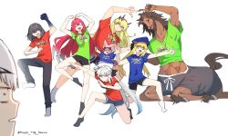 Rule 34 | artoria caster (fate), artoria caster (second ascension) (fate), artoria pendragon (fate), arts shirt, beret, blonde hair, buster shirt, centauroid, double v, barghest (fate), melusine (fate), baobhan sith (fate), fate/grand order, fate (series), fusion dance, grey hair, habetrot (fate), hat, heterochromia, highres, house tag denim, long hair, morgan le fay (fate), oberon (fate), oberon (third ascension) (fate), on one knee, pants, pink hair, pointing, pointy ears, ponytail, quick shirt, red hare (fate), shorts, taur, twintails, twitter username, v, white background, white hair