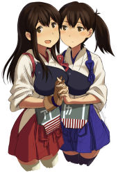 Rule 34 | 10s, 2girls, akagi (kancolle), brown eyes, brown hair, cowboy shot, highres, interlocked fingers, japanese clothes, kaga (kancolle), kantai collection, long hair, multiple girls, muneate, nazo, nazo (mapleford), official style, open mouth, pleated skirt, side ponytail, simple background, sketch, skirt, smile, thighhighs, white background, zettai ryouiki