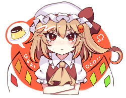 Rule 34 | 1girl, :&lt;, ascot, closed mouth, crossed arms, crystal, custard, emoji, flandre scarlet, hat, hat ribbon, highres, looking at viewer, medium hair, mob cap, one side up, red eyes, red ribbon, ribbon, short sleeves, solo, subaru (subachoco), touhou, upper body, white hat, wings, yellow ascot