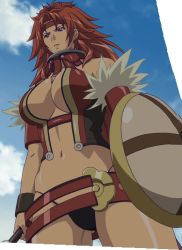 Rule 34 | 1girl, armor, breasts, highres, hobby japan, large breasts, long hair, mace, purple eyes, queen&#039;s blade, queen&#039;s blade lost worlds, red hair, risty (queen&#039;s blade), screencap, solo, standing, weapon
