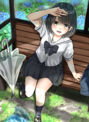 Rule 34 | 1girl, arm support, arm up, bag, bench, black bow, black bowtie, black eyes, black footwear, black hair, black skirt, black socks, blush, bob cut, bow, bowtie, breasts, brown eyes, closed umbrella, commentary request, day, flower, from above, grass, hand on own forehead, highres, hydrangea, kneehighs, leaning to the side, light blush, loafers, looking at viewer, looking up, open mouth, original, outdoors, pleated skirt, puddle, sailor collar, school bag, school uniform, serafuku, shadow, shirt, shoes, short hair, short sleeves, signature, sitting, skirt, small breasts, smile, socks, solo, soragane (banisinngurei), teeth, umbrella, untucked shirt, upper teeth only, white sailor collar, white shirt