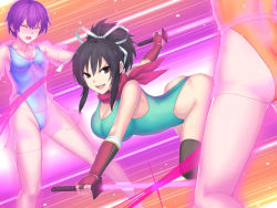 Rule 34 | 10s, 3girls, :d, alternate costume, ass, asuka (senran kagura), bare shoulders, black legwear, blue leotard, blush, breasts, brown eyes, brown hair, character request, closed eyes, collarbone, covered navel, dual wielding, glint, gluteal fold, green leotard, hai (h81908190), hair ribbon, holding, holding sword, holding weapon, kneepits, large breasts, leotard, long hair, looking at viewer, multicolored background, multiple girls, open mouth, out of frame, ponytail, purple hair, red scarf, ribbon, scarf, see-through, senran kagura, shirt, short sleeves, sidelocks, skirt, small breasts, smile, sword, thighhighs, thighs, v-shaped eyebrows, weapon, white ribbon, yellow leotard