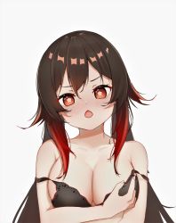 Rule 34 | 1girl, absurdres, alternate breast size, bare shoulders, black bra, black hair, blush, bra, breasts, cleavage, commentary request, fang, flower-shaped pupils, genshin impact, gradient hair, highres, hu tao (genshin impact), lace, lace-trimmed bra, lace trim, large breasts, ldd.ek, looking at viewer, multicolored hair, off shoulder, open mouth, red eyes, red hair, removing bra, symbol-shaped pupils, underwear, underwear only, unfastened, upper body, white background