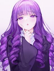 Rule 34 | 1girl, absurdres, drill hair, fern (sousou no frieren), half-closed eyes, hand up, highres, index finger raised, jacket, long hair, long sleeves, looking at viewer, mile (off8mile), open mouth, purple eyes, purple hair, purple jacket, simple background, solo, sousou no frieren, upper body