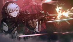 Rule 34 | 1girl, behalter, black gloves, breasts, drum magazine, firing, girls&#039; frontline, gloves, gun, highres, holding, holding gun, holding weapon, light machine gun, long sleeves, machine gun, magazine (weapon), muzzle device, parted lips, pouch, rpk, rpk-16, rpk-16 (girls&#039; frontline), scope, short hair, silver hair, solo, tactical clothes, upper body, weapon