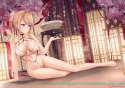 Rule 34 | 1girl, ahoge, arm support, artist name, azur lane, bare legs, bare shoulders, barefoot, blonde hair, blush, breasts, cleavage, closed mouth, collarbone, cup, glint, glorious (azur lane), glorious (pungent plum) (azur lane), groin, hair bun, holding, holding cup, joko jmc, lantern, large breasts, nail polish, navel, official alternate costume, petals, pink nails, purple eyes, reclining, revealing clothes, short hair with long locks, sidelocks, single hair bun, smile, solo, stomach, swept bangs, tatami, toenail polish, toenails, watermark, web address