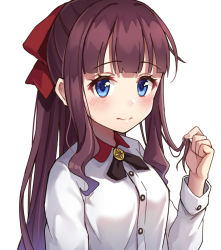 Rule 34 | 1girl, blue eyes, blush, bow, breasts, brown hair, closed mouth, hair bow, large breasts, li yang, long hair, looking at viewer, new game!, red bow, simple background, solo, takimoto hifumi, upper body, white background